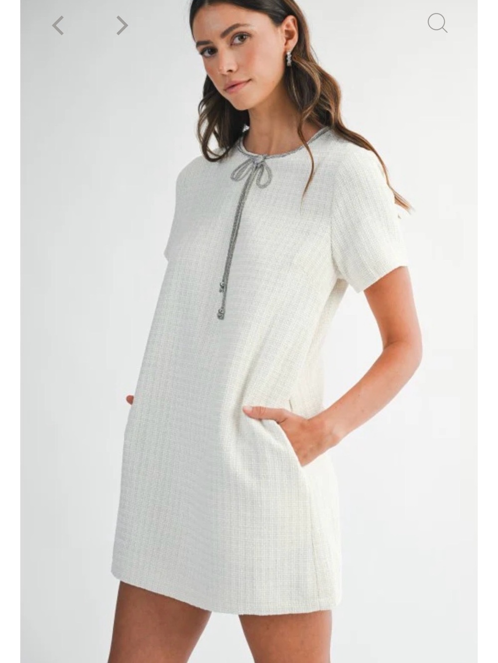 Mable: Mini Dress with Contrast Tie Neck in Ivory